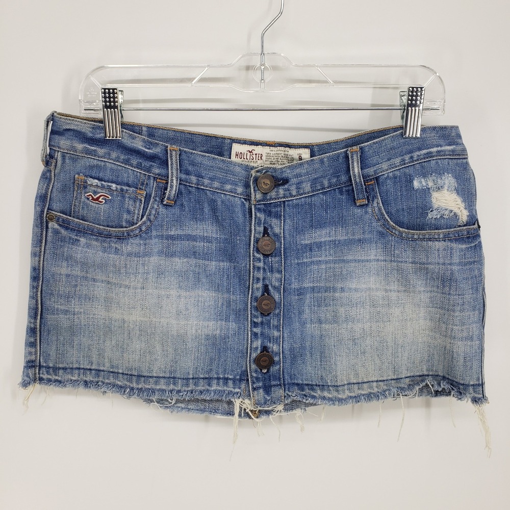 Y2K Hollister Distressed Denim Mini Skirt Women Size 9 Blue Button Fly Raw Hem